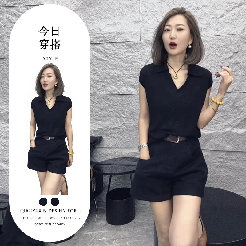 俏皮简约两件套女2025夏季时尚气质黑色短袖上衣高腰遮胯阔腿短裤