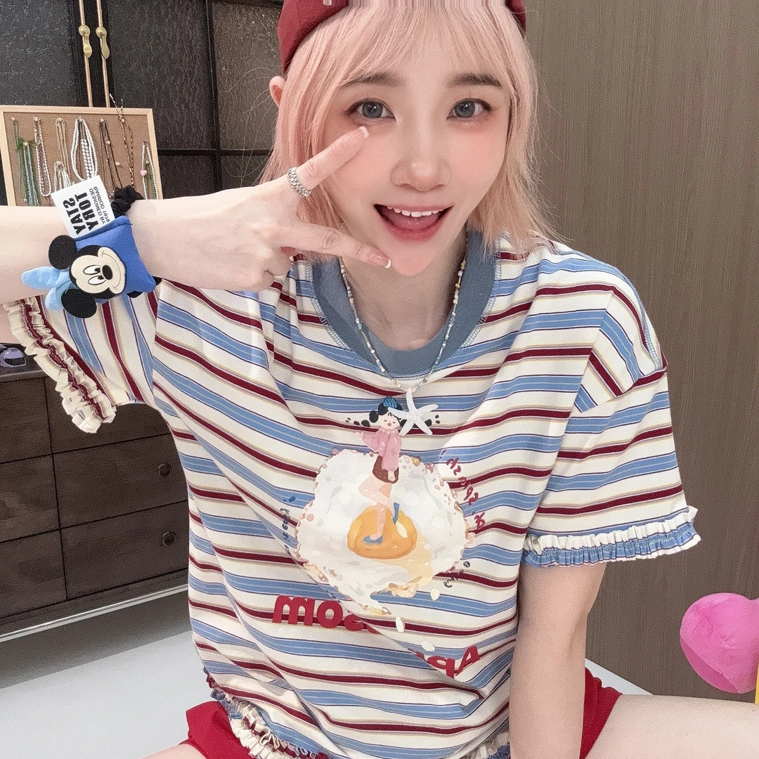 Apr.【荷包蛋】正肩百搭条纹花边数码印花复古夏季圆领T恤女25ST324