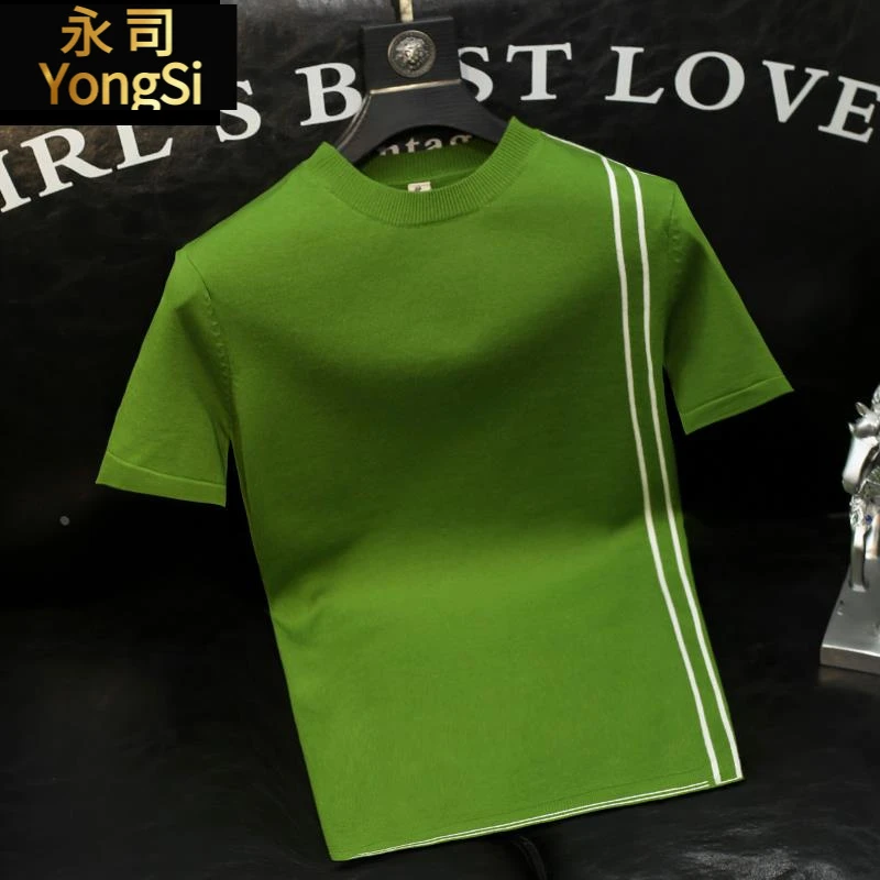 条纹针织冰丝短袖男士青年修身韩版透气春夏新款高级感半袖复古t