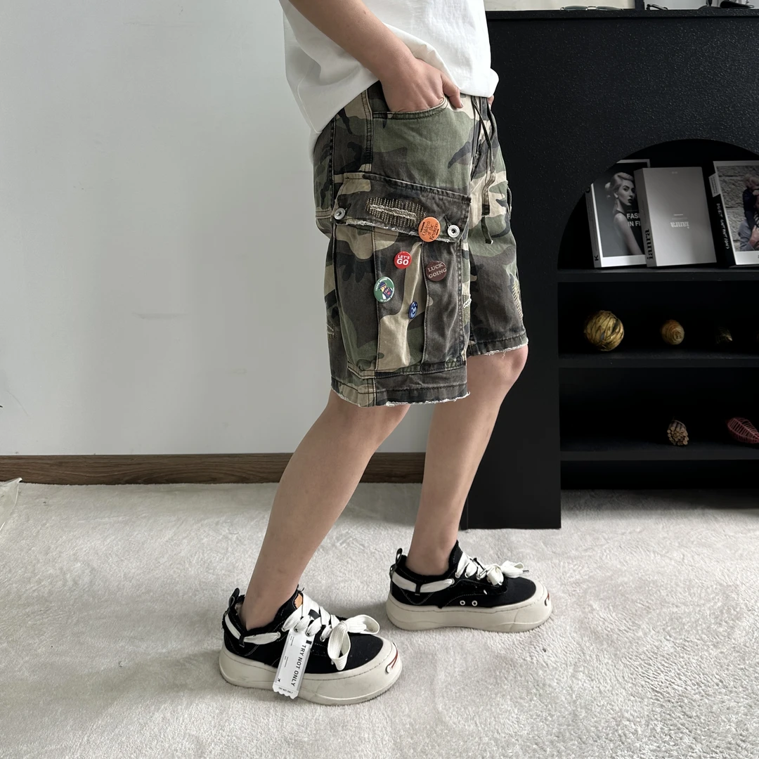 夏季迷彩裤男女同款重磅手工割破徽章迷彩短裤TF时尚帅气帅哥短裤