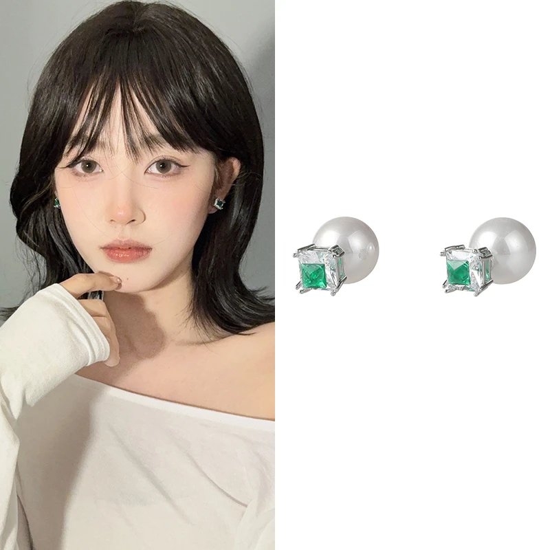 oushipei/欧诗佩 铜合金仿珍珠耳饰 气质轻奢方形绿钻耳环耳钉女