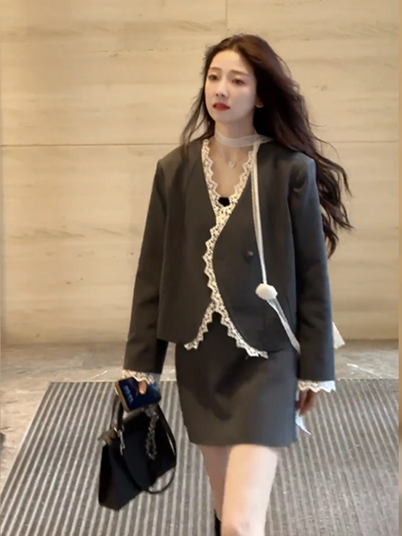 千金风气质蕾丝西装外套半裙女装2025秋冬新款休闲百搭小个子套装