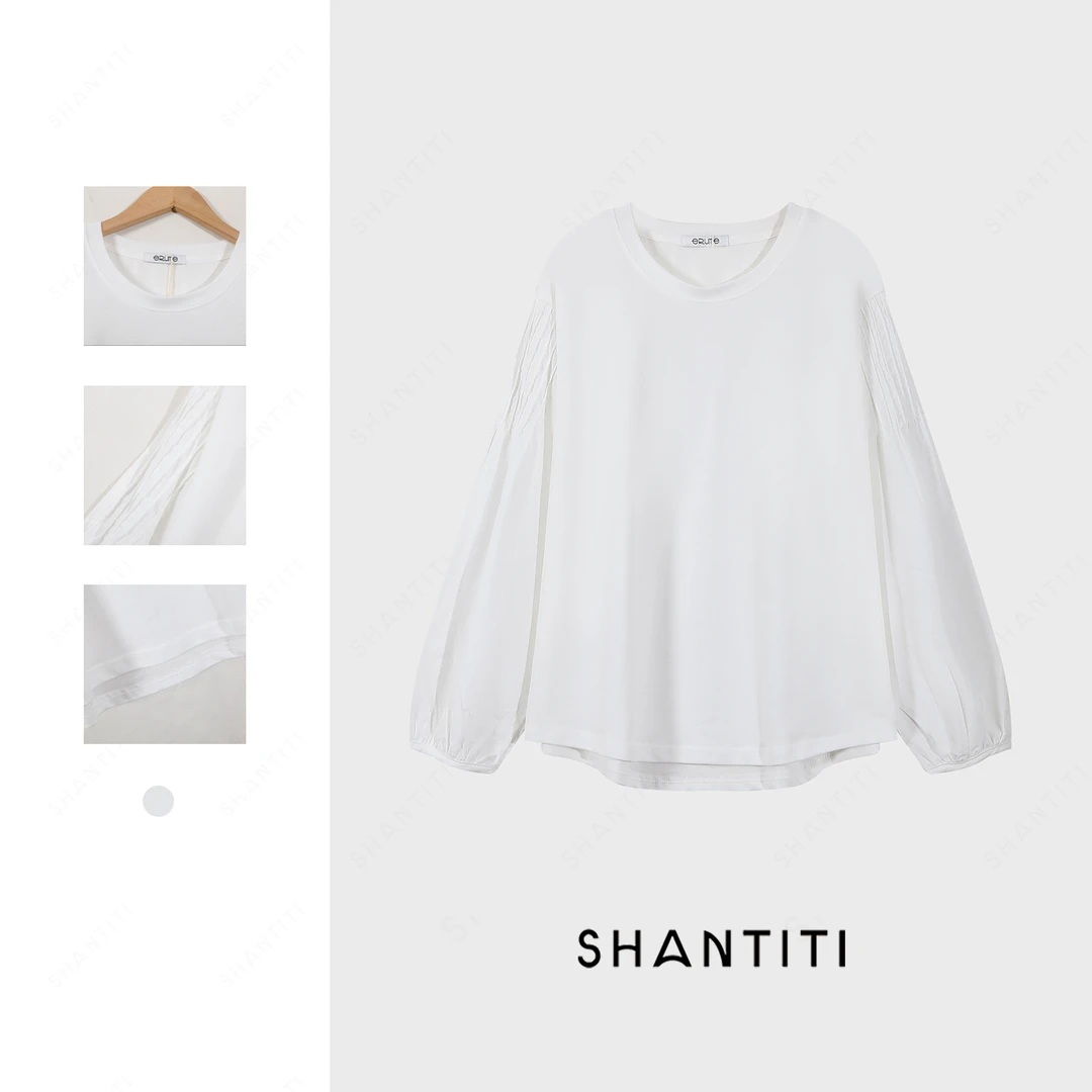 早秋款-『欧货灯笼袖上衣』女宽松圆领衬衫袖拼接t恤休闲白色打底衫