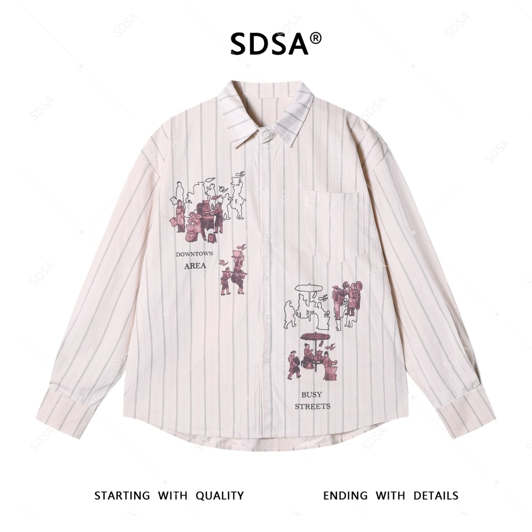 SDSA男士2025新款轻奢痞帅男装人物字母印花条纹纽扣衬衫百搭衬衣
