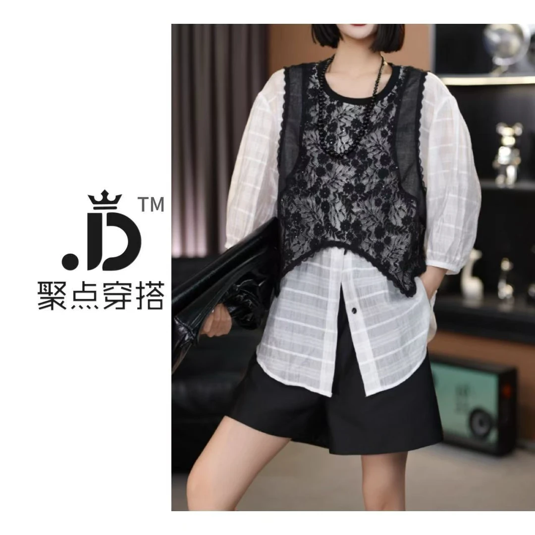JUDIAN-【黑白有度】夏季蕾丝网纱假两件马甲衬衫8jd389611