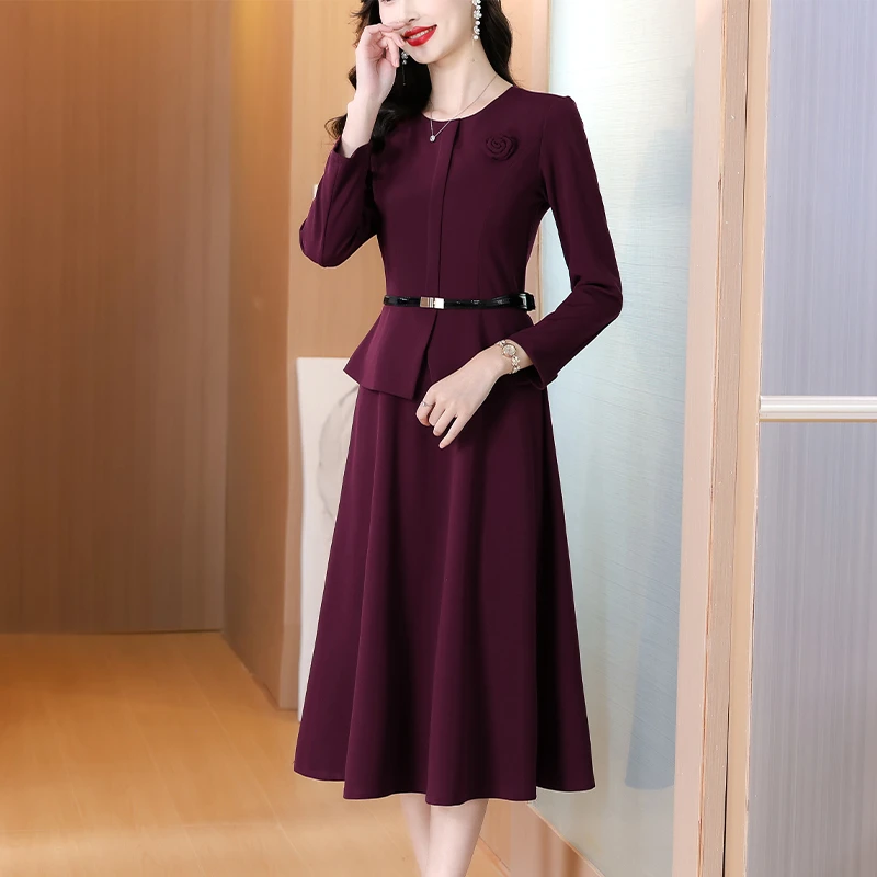 实拍酒红色假两件大摆连衣裙2025秋季时尚修小个长款大摆连衣裙