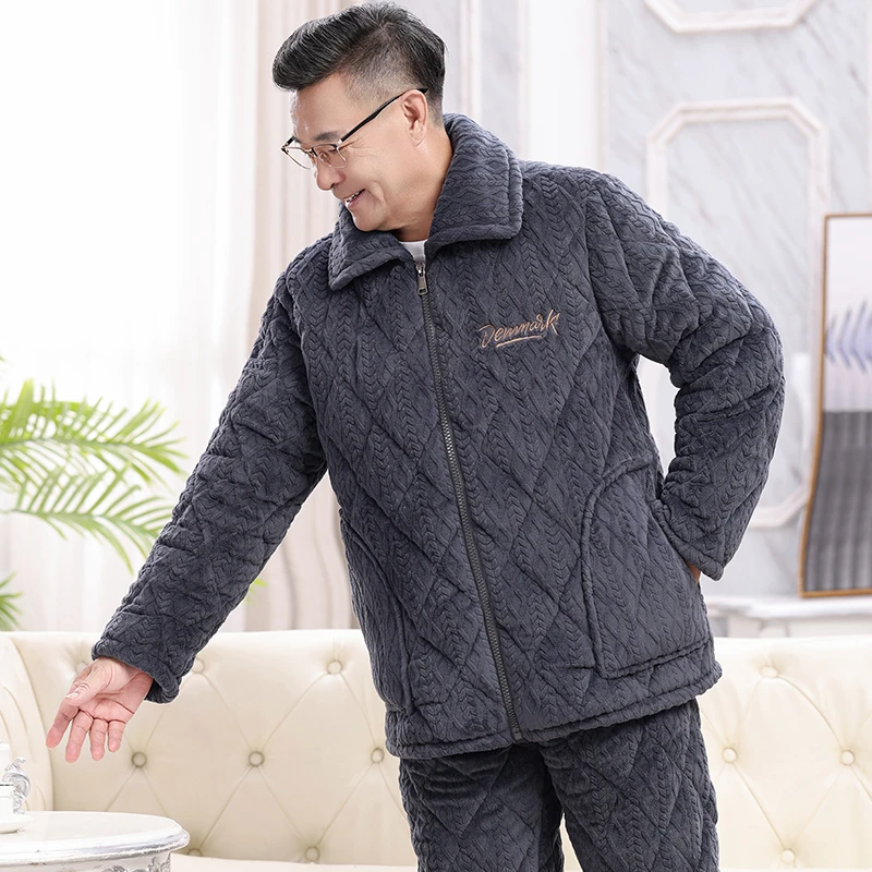 冬季珊瑚绒夹棉睡衣男中老年人爸爸三层加绒加厚可外穿保暖居家服
