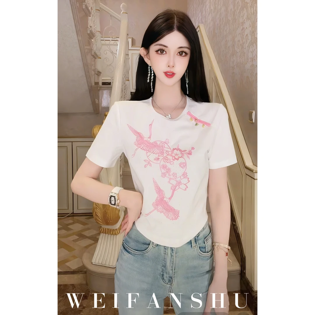 WEIFANSHU/魏凡舒【花团】春夏新款刺绣国风圆领短款百搭T恤上衣