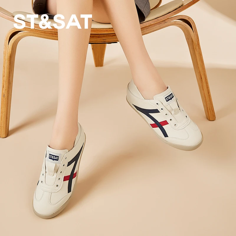 星期六复古拼色无鞋带德训鞋女士春秋内增高单鞋设计感时尚休闲鞋
