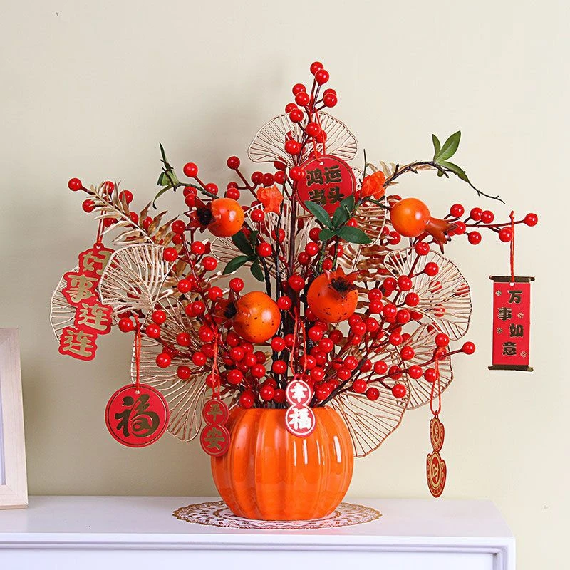 轻奢新款仿真红果石榴果红浆果高档电视柜玄关创意新中式花艺摆件