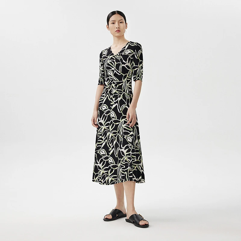 【商场同款】/朗姿春季新款短袖中长印花A字裙女法式收腰修身连衣裙