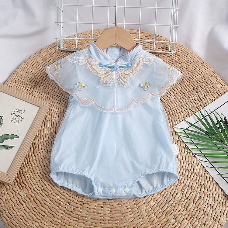 夏季休闲短爬凉感吸湿排汗透气耐磨婴幼童连身衣哈衣蓝色