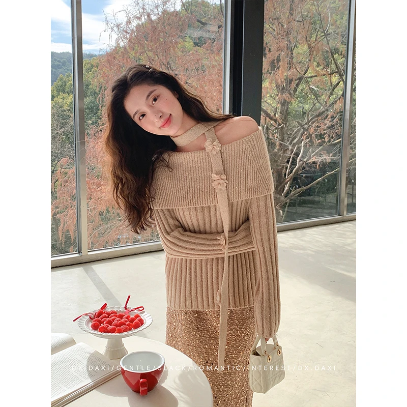 代大喜【桃桃奶盖】一字肩软糯温柔气质百搭粉色针织衫2025新款毛衣