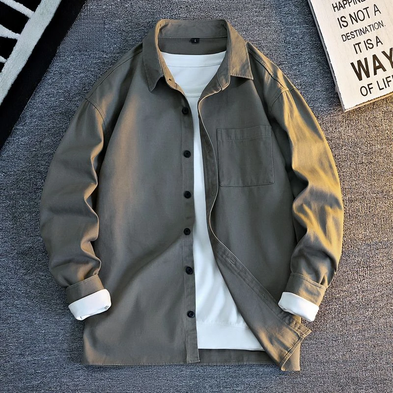 美式复古文艺个性工装衬衫春秋季休闲长袖舒适百搭纯色日系衬衣男