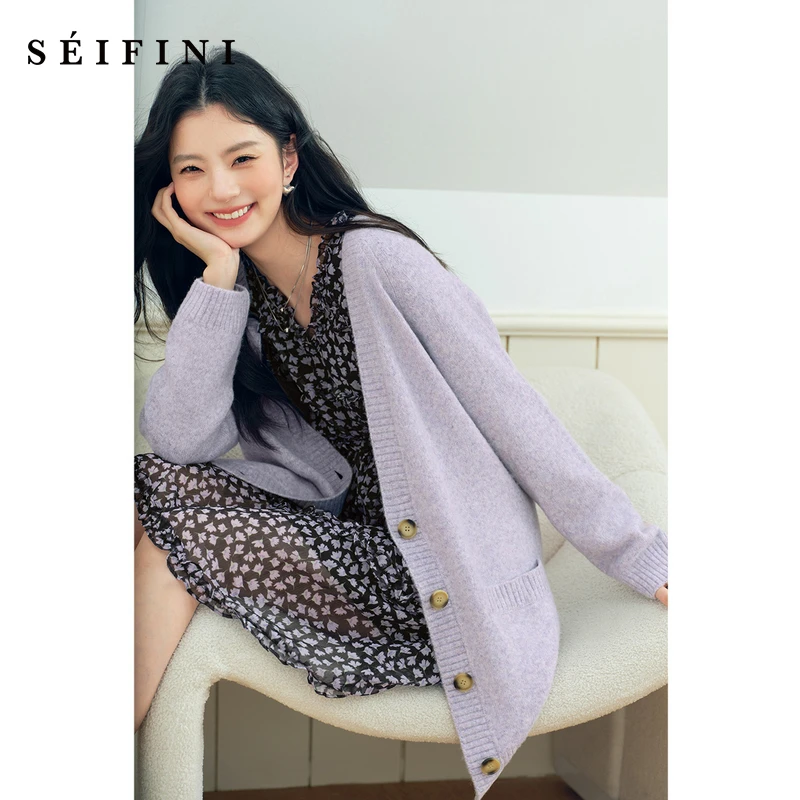 诗凡黎亲肤花纱单排扣V领针织开衫2025春新款毛衣外套女7G2131411