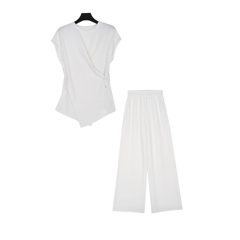 无袖不规则打褶交叉上衣+休闲柔软时尚长裤套装22330