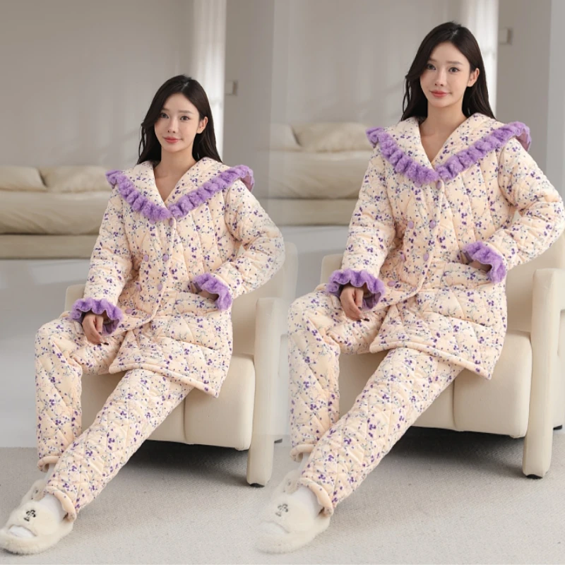 【李丽原创轻奢】新款女士时尚睡袍中长款睡衣三层加绒加厚冬季保