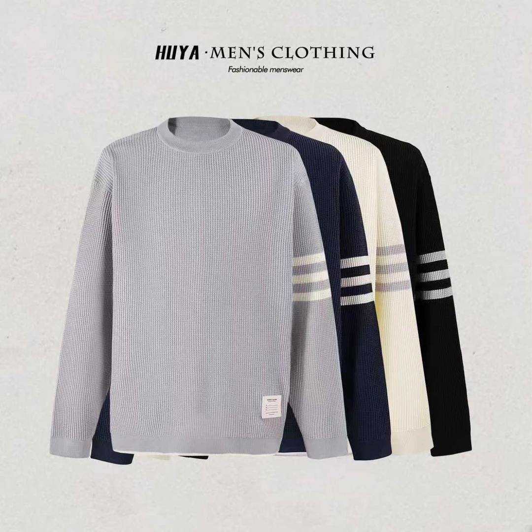 虎牙兄弟早秋条纹撞色长袖百搭简约肌理感保暖针织毛衣男士M9003