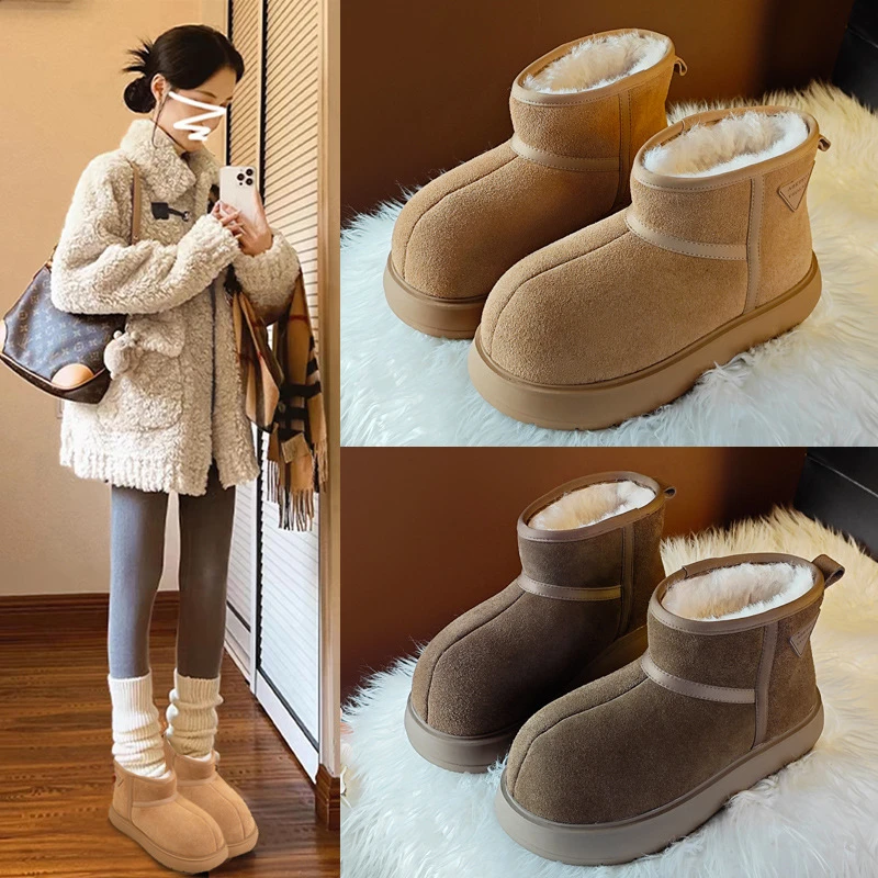 真皮雪地靴女2025冬季新款卡皮巴拉大头短靴女厚底保暖东北大棉鞋