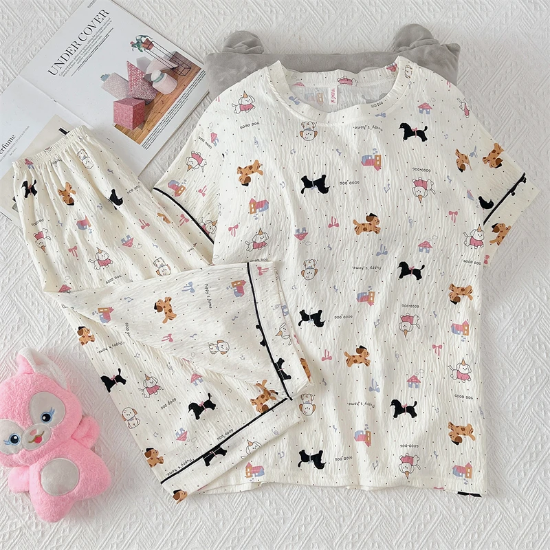 夏季七分裤新款睡衣女云朵棉短袖宽松薄款可外穿休闲家居服套装