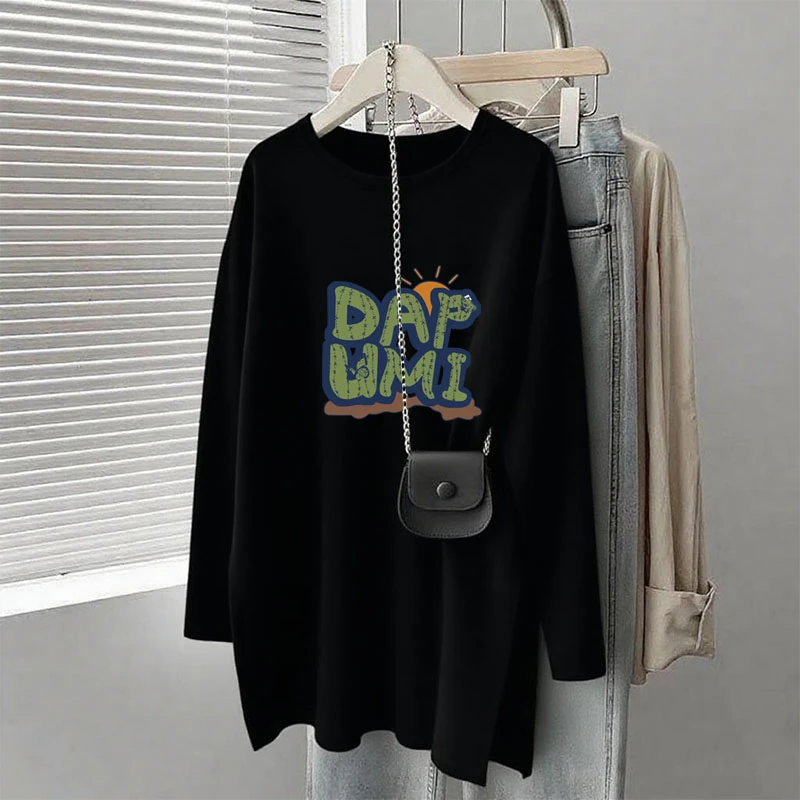 搭配鲨鱼裤磨毛长袖t恤女中长款黑色显瘦休闲百搭2025秋冬季上衣