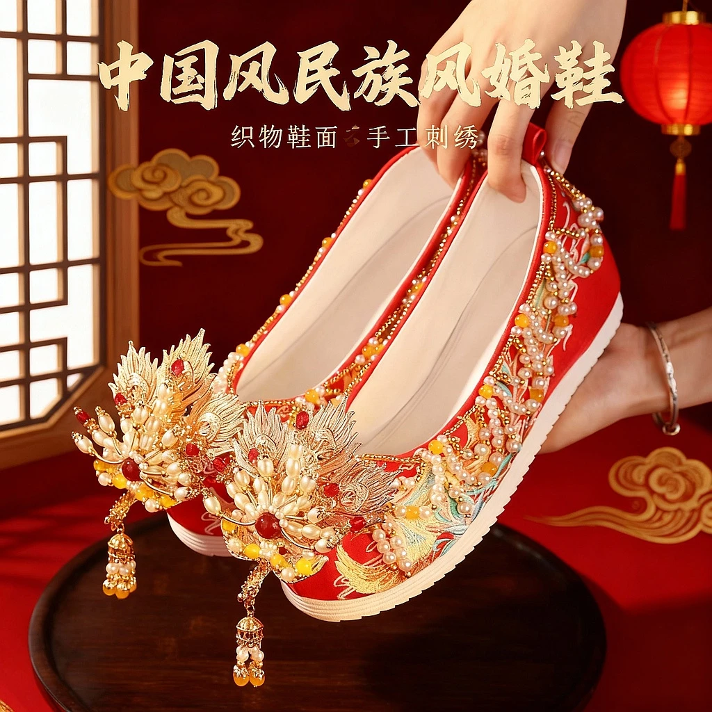中式婚礼秀禾鞋出嫁结婚鞋刺绣红鞋手工明制新娘鞋中国风红色婚鞋