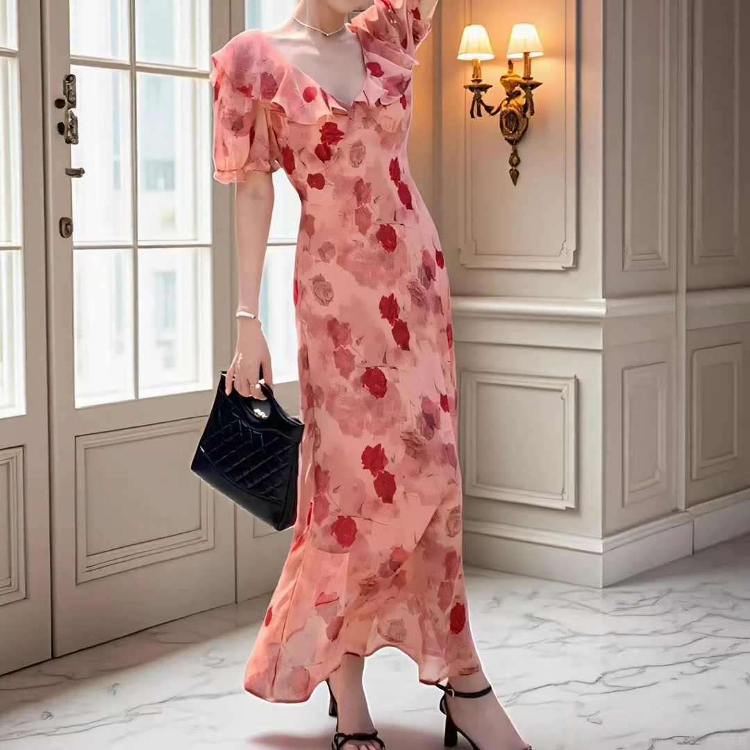 （0523）休闲风拉链中袖碎花温柔不褪色复古法式国风连衣裙