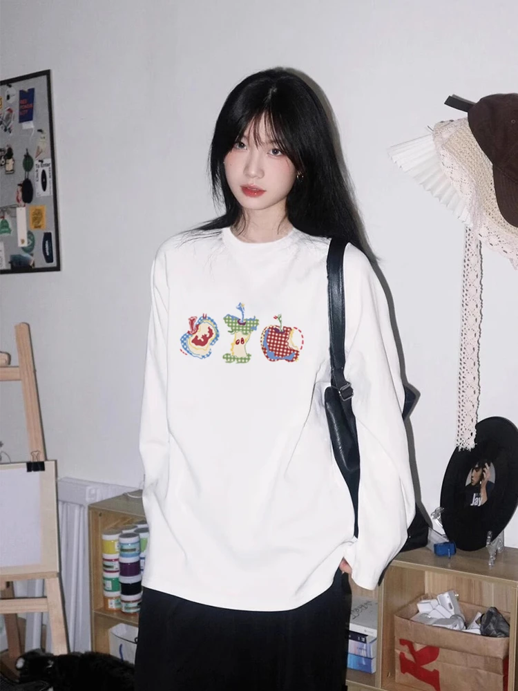 白色纯棉长袖t恤女新款韩版宽松内搭打底衫设计感小众秋季上衣女