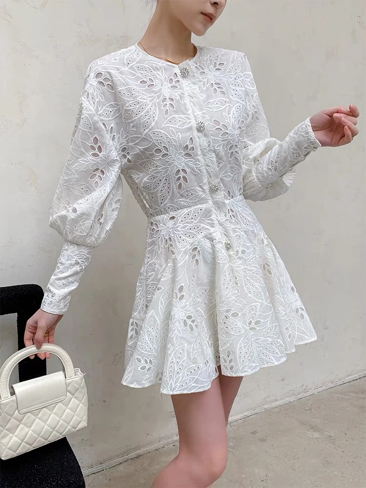 裙子女夏季法式修身显瘦重工白色连衣裙气质名媛高级长袖洋气裙子