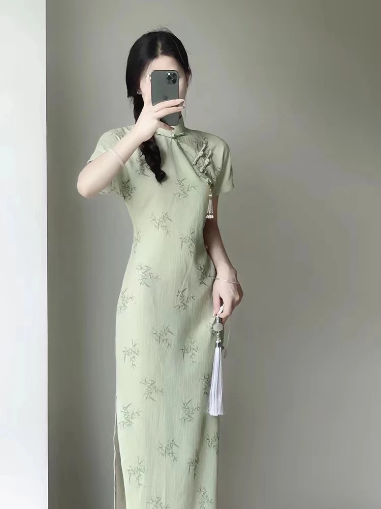 621-绿色 国风 全开襟 年轻 改良 旗袍【没有流苏】