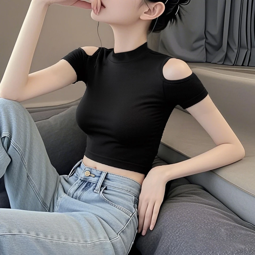 2025新款白色半高领露肩短袖T恤女春夏修身洋气打底衫女内搭短款