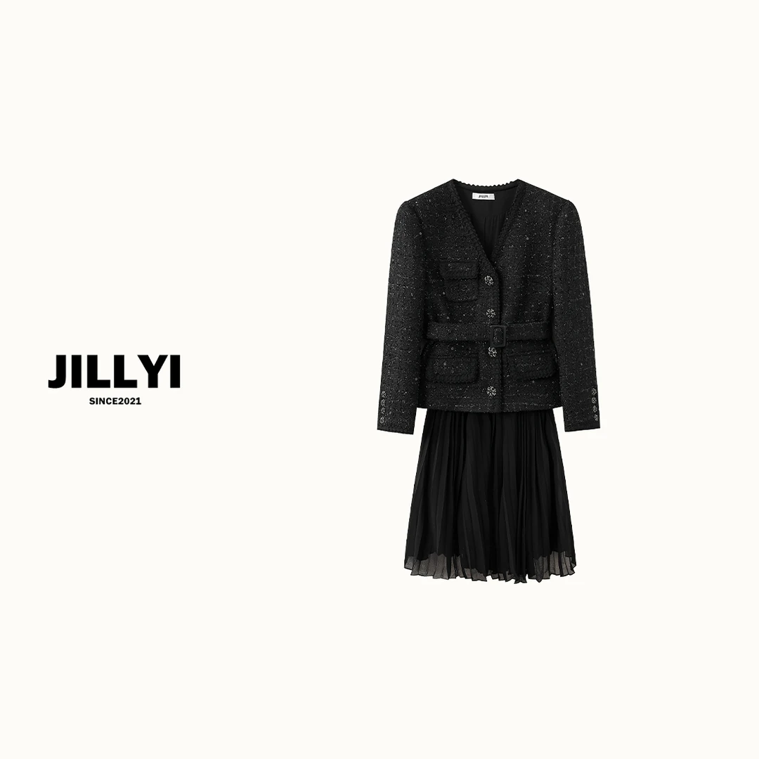 JILLYI南山店【夜幕甜心】纯色粗花呢拼接小香风气质女装连衣裙秋冬