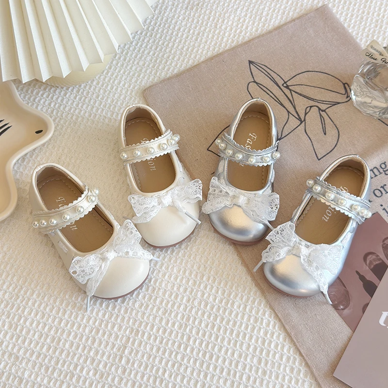 女童小皮鞋2025春秋新款儿童韩版小女孩女宝宝银色软底蕾丝公主鞋