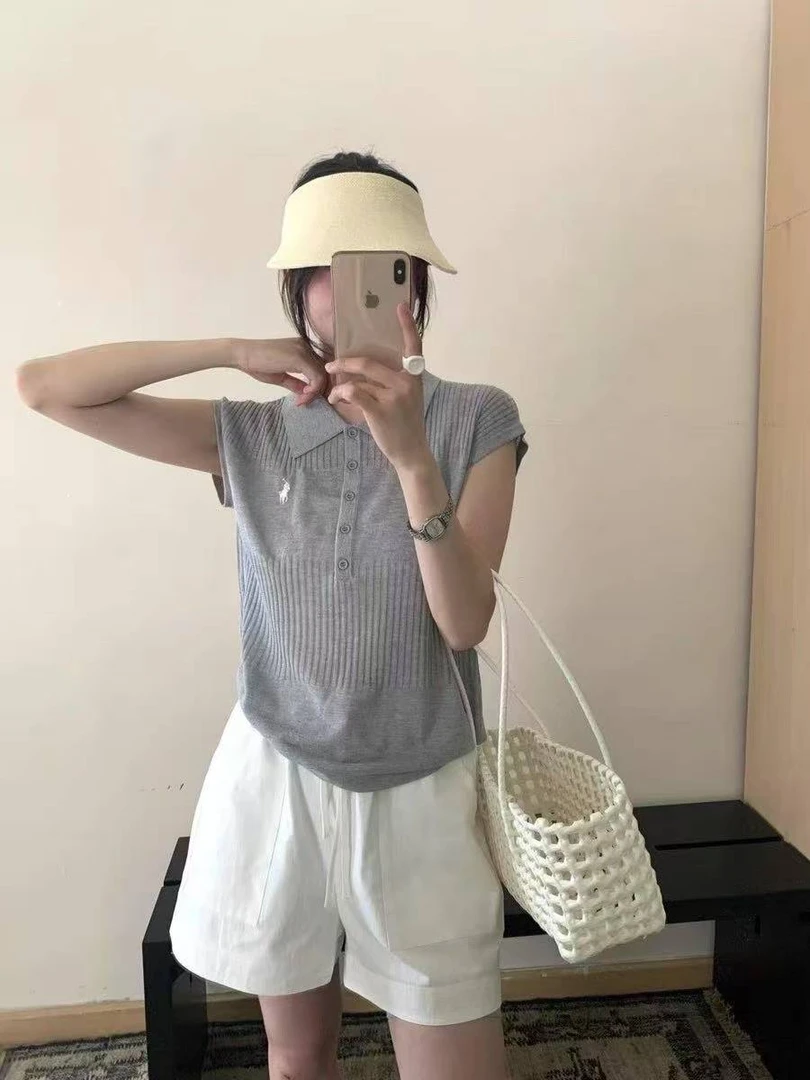 2025夏季新款韩版半开扣polo领刺绣短袖针织衫女显瘦时尚小衫上衣