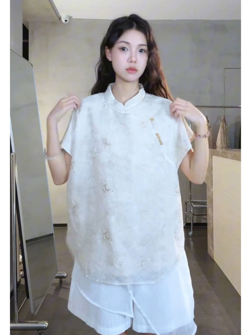 新中式国风立领短袖衬衫休闲宽松上衣2025夏季款新款时尚女装衬衣