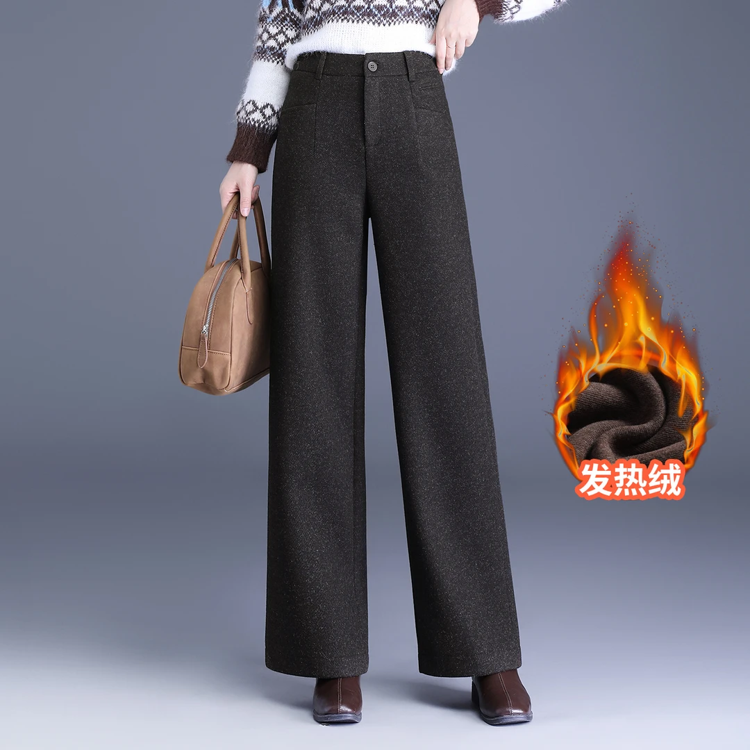 加绒毛呢阔腿裤女2025年冬季新款高腰显瘦加厚直筒裤垂感宽松长裤
