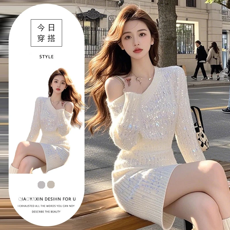 纯欲辣妹气质修身亮片连衣裙女装2025春秋新款斜肩性感包臀短裙子