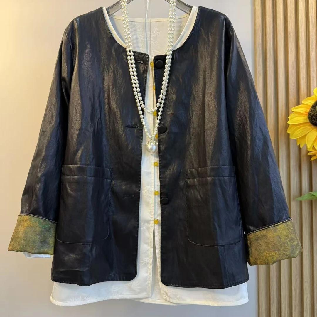 国风复古内衬印花挽袖蛋白皮衣女春2025新款短款宽松柔软机车外套