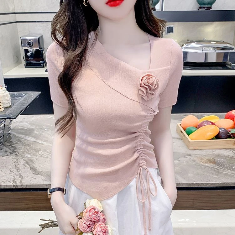 韩系短袖T恤女2025新款夏季洋气独特别致抽绳短款不规则外穿上衣