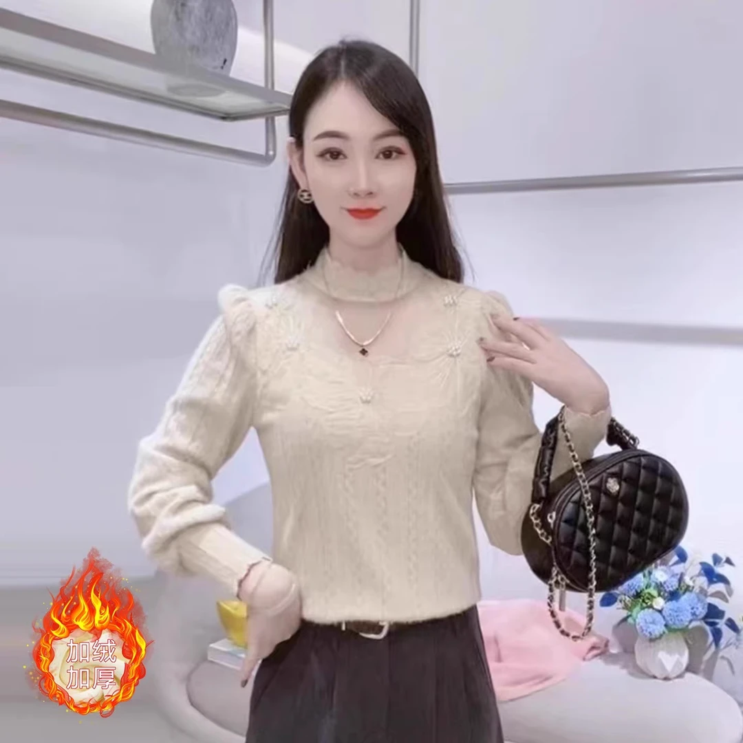 法式气质蕾丝拼接镂空半高领打底衫女2025秋冬新款加厚加绒体恤衫