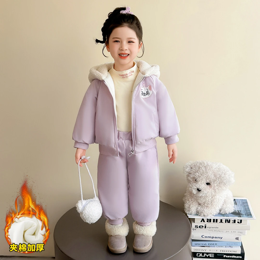 女童甜美猫咪蝴蝶结棉服套装冬季2025新款儿童洋气女宝宝两件套潮