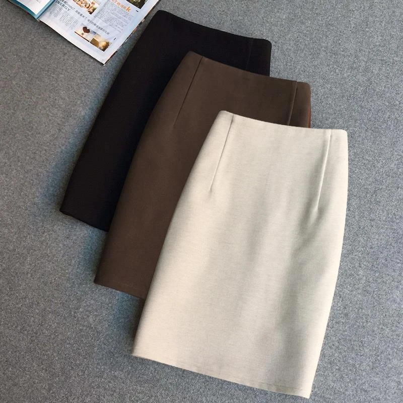 韩版毛呢裙半身裙女2025秋冬新款高腰纯色弹力中裙包臀裙一步裙子