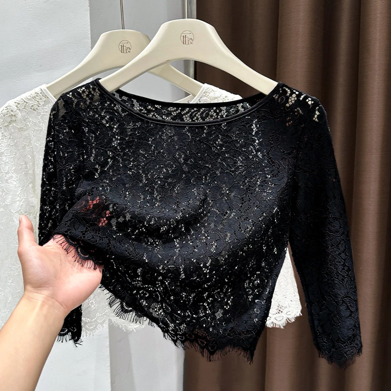 黑色蕾丝打底衫女内搭2025夏季新款薄款罩衫洋气透视网纱中袖上衣