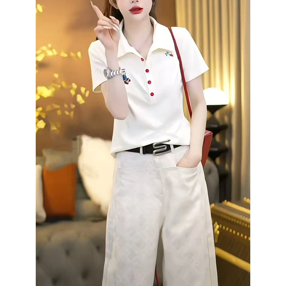 韩版POLO领白色短袖T恤女夏季2025新款彩色纽扣显瘦正肩短款上衣