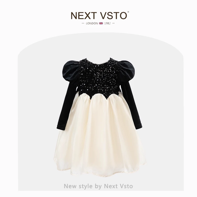 英国NEXT VSTO女童丝绒连衣裙春秋款洋气小女孩泡泡袖礼服公主裙