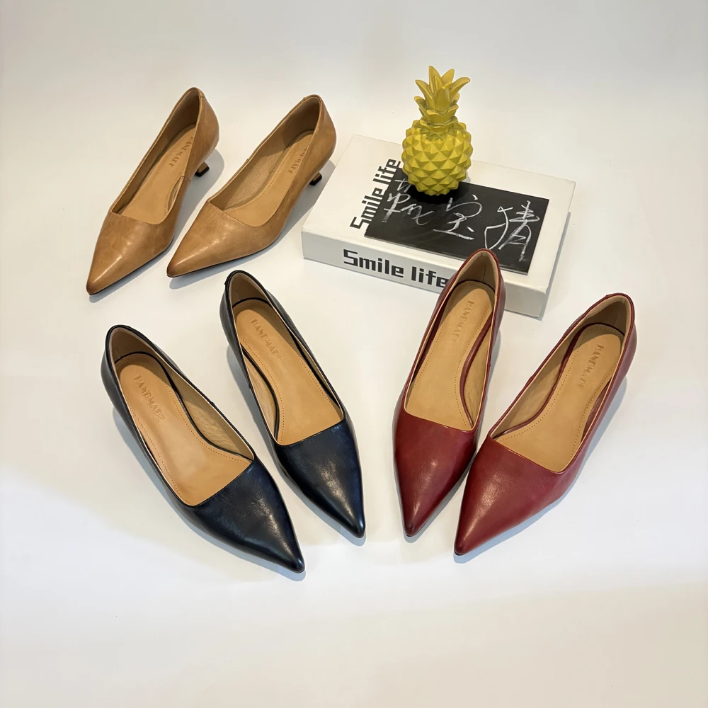 4.5cm高档水洗头层牛皮尖头高跟鞋女细跟通勤百搭中跟工作单鞋