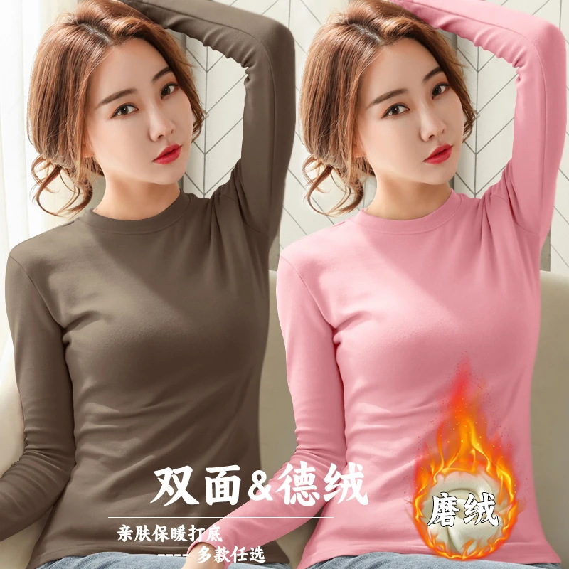 螺纹德绒圆领打底衫时尚2025秋冬季修身显瘦长袖体恤女士保暖上衣