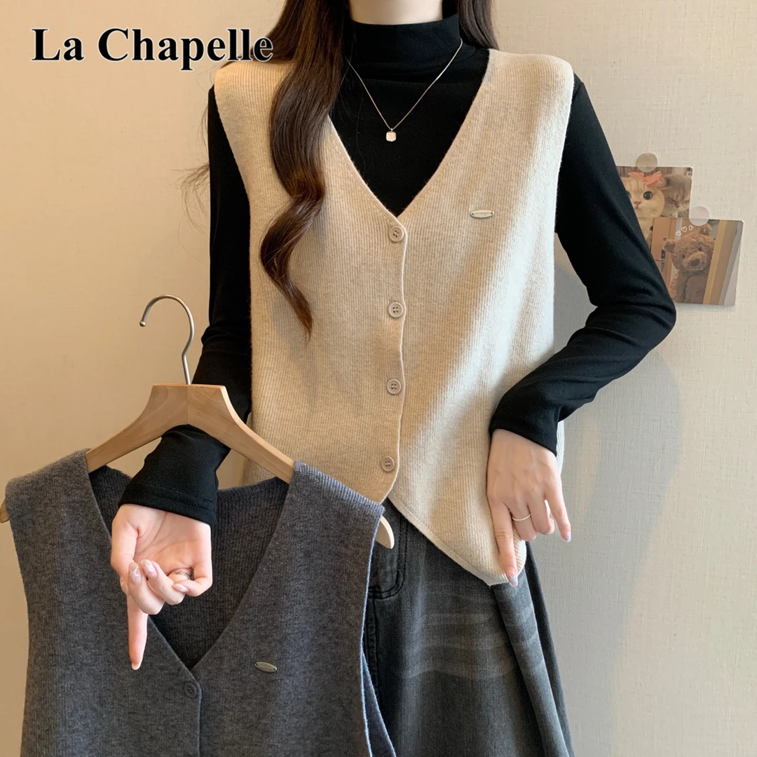 拉夏贝尔大码秋季款外搭叠穿针织背心马甲女微胖mm百搭坎肩短外套