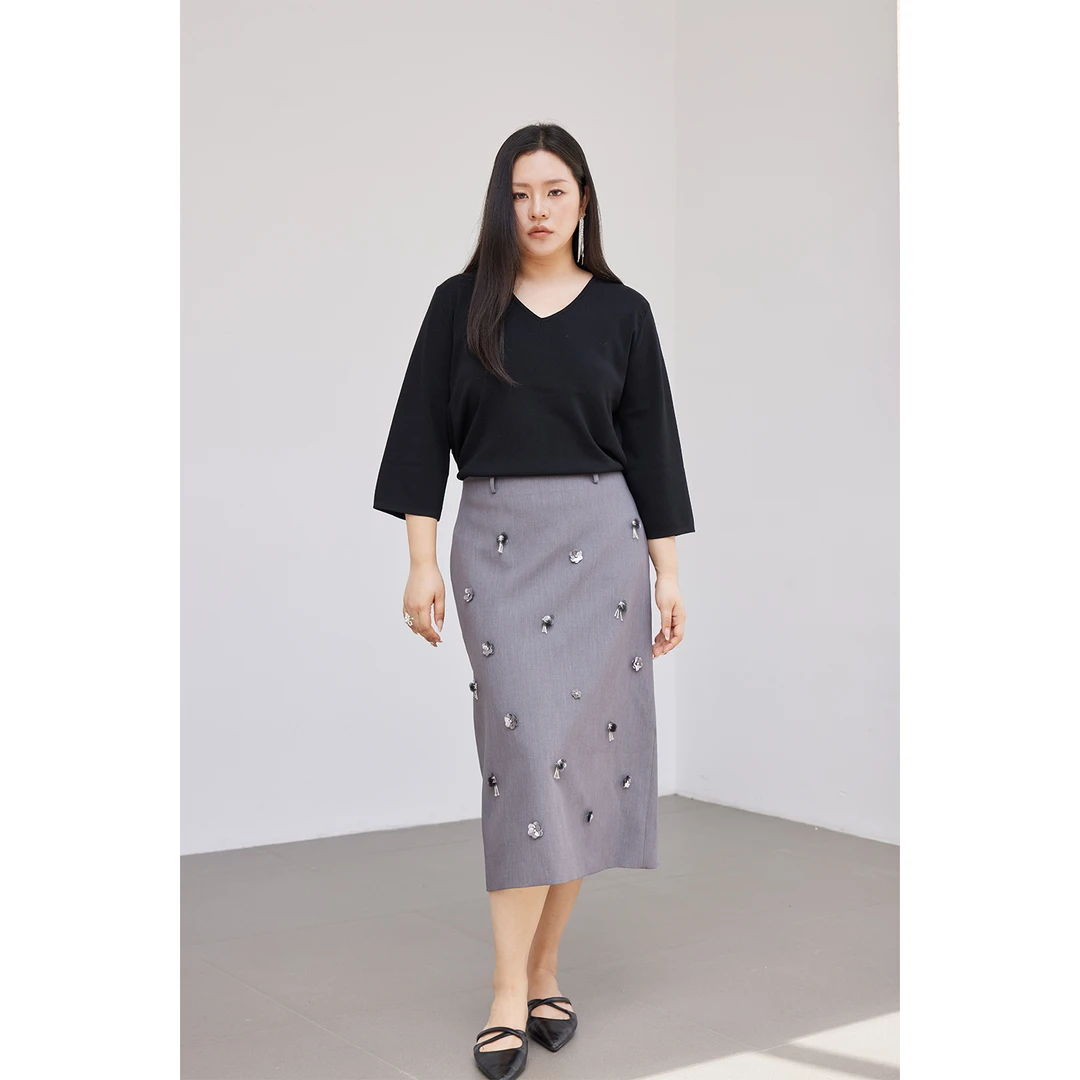 【折扣款】PLUSMALL 灰雾甜心 miu系手工钉珠长/短半身裙PM2507231