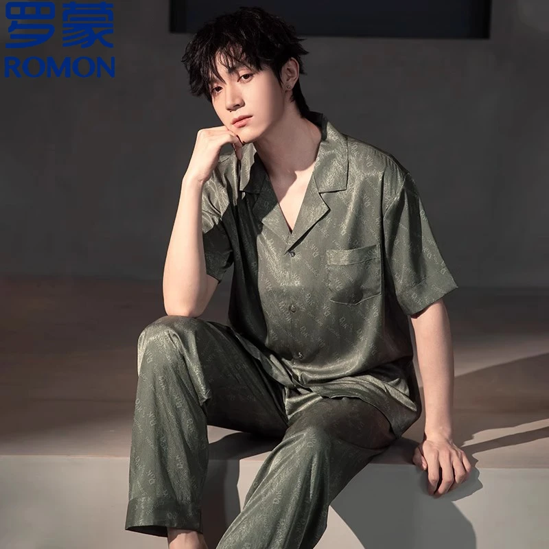 罗蒙高级感睡衣男款冰丝性感薄款夏天可外穿短袖长裤家居服两件套